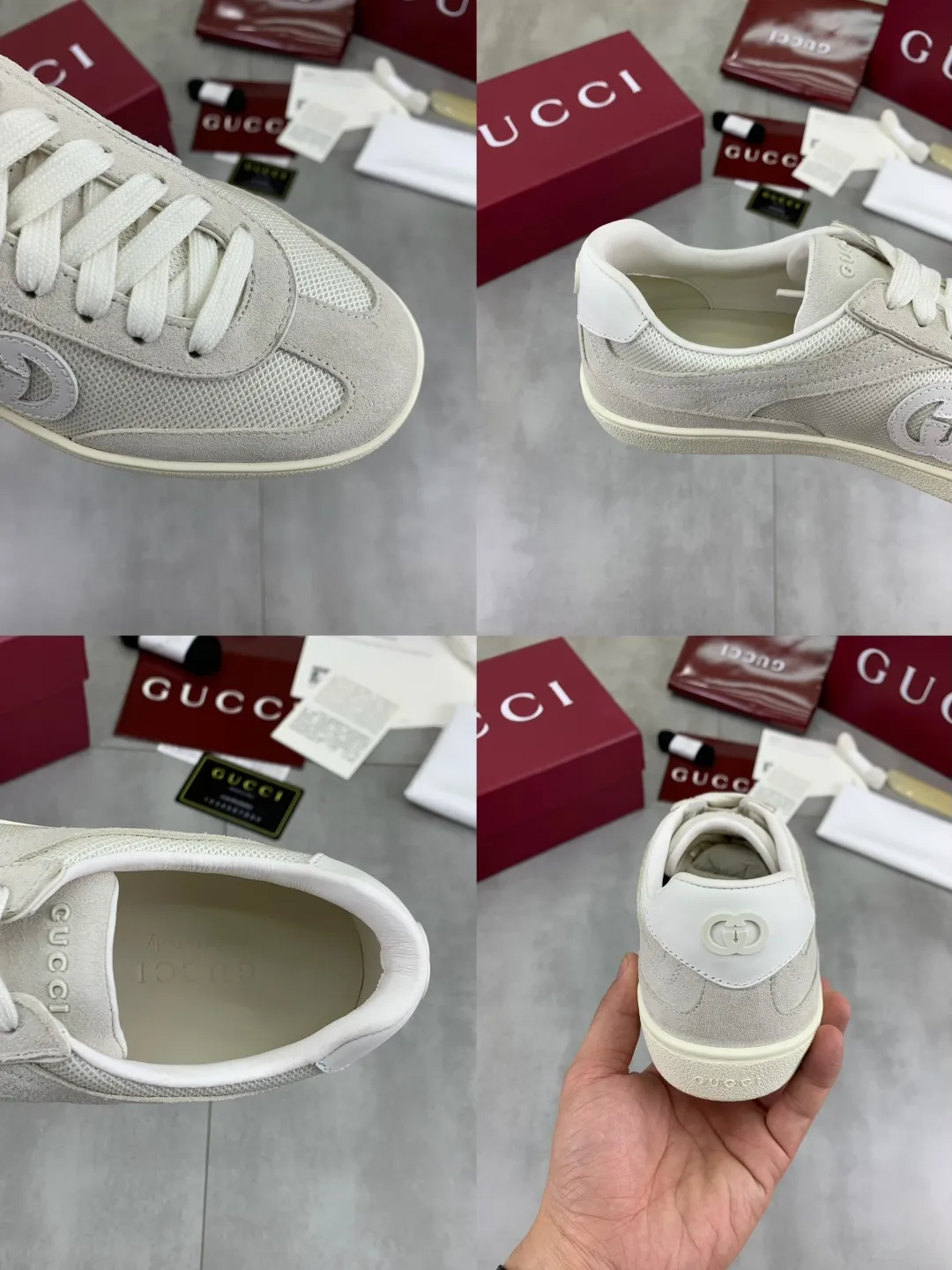 Men's shoes 💰P562 New GUCCI classic design moral training element catwalk model, matching version of top quality moral training shoes for men and women. Epoxy logo process is concave and convex, matching oil edge technology, punched cowhide cloth surface, suede cowhide surface splicing, breathable and not stuffy, the original overlasted shoe model is comfortable on the feet.  Fabric: Matched leather + cloth + mesh Lining: Water-dyed sheepskin Foot: Water-dyed sheepskin Outsole: Original molded TP matching environmentally friendly material Packaging: Top counter full set of packaging Female 35-42 (Female 41.42. Customized) Male 39-46 (46 customized)